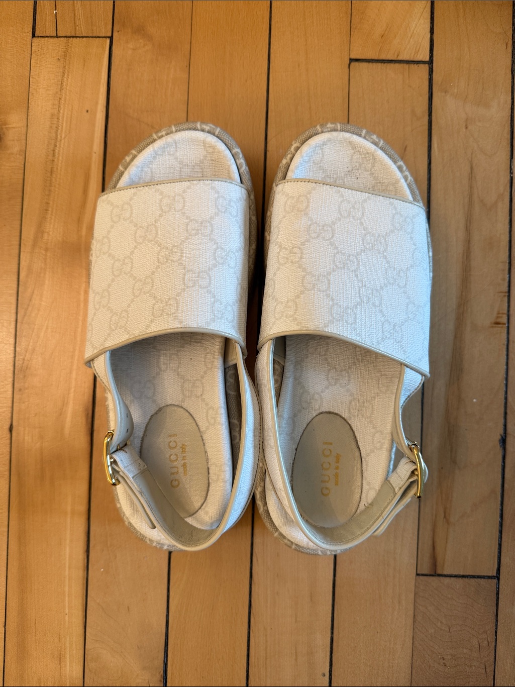Gucci Cream Monogram Canvas Platform Sandals With Gold Buckle